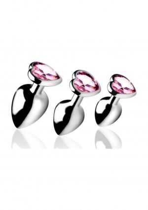 Pink Heart Gem Anal Plug Set - 3 pieces - Silver