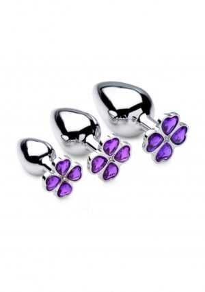 Violet Flower Gem Anal Plug Set - 3 pieces - Silver