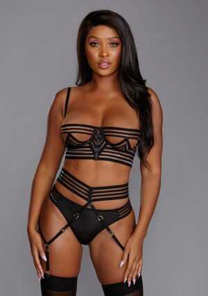 Sheer Striped Bra. Garter Belt G-String Set - Black - S