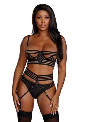 Sheer Striped Bra. Garter Belt G-String Set - Black - S - Afbeelding 5