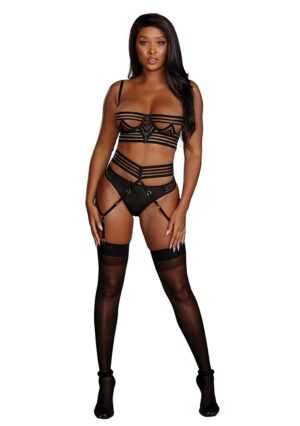 Sheer Striped Bra. Garter Belt G-String Set - Black - S - Afbeelding 7