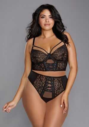 Stretch Mesh Stretch Galloon Lace Bustier - Black - 1XL