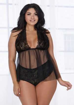 Retro. Lace Mesh Halter Babydoll - Black - Queen Size