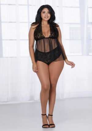 Retro. Lace Mesh Halter Babydoll - Black - Queen Size - Afbeelding 3