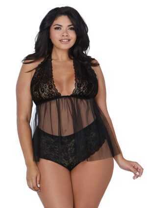Retro. Lace Mesh Halter Babydoll - Black - Queen Size - Afbeelding 5