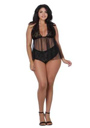 Retro. Lace Mesh Halter Babydoll - Black - Queen Size - Afbeelding 7