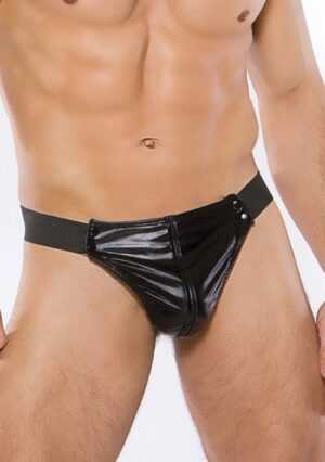 Zeus Wetlook Thong. Snap Front Opening - Black - O/S