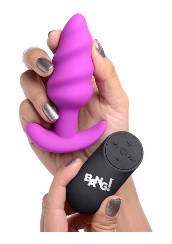 21X Vibrating Silicone Swirl Butt Plug with Remote - Purple