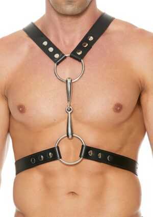 Men's Harness With Metal Bit - Premium Leather - Black - One Size