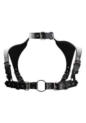 Men Harness with Neck Collar- Premium Leather - Black - One Size