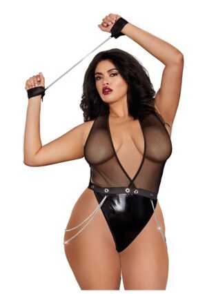 Faux-Leather Deep Plunge Halter Teddy - OSQ