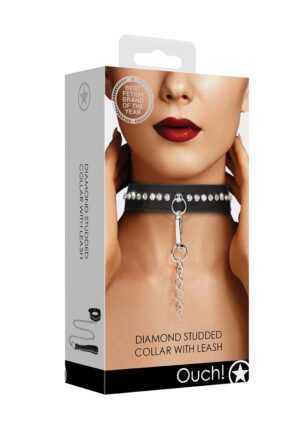 Diamond Studded Collar With Leash - Black - Afbeelding 7